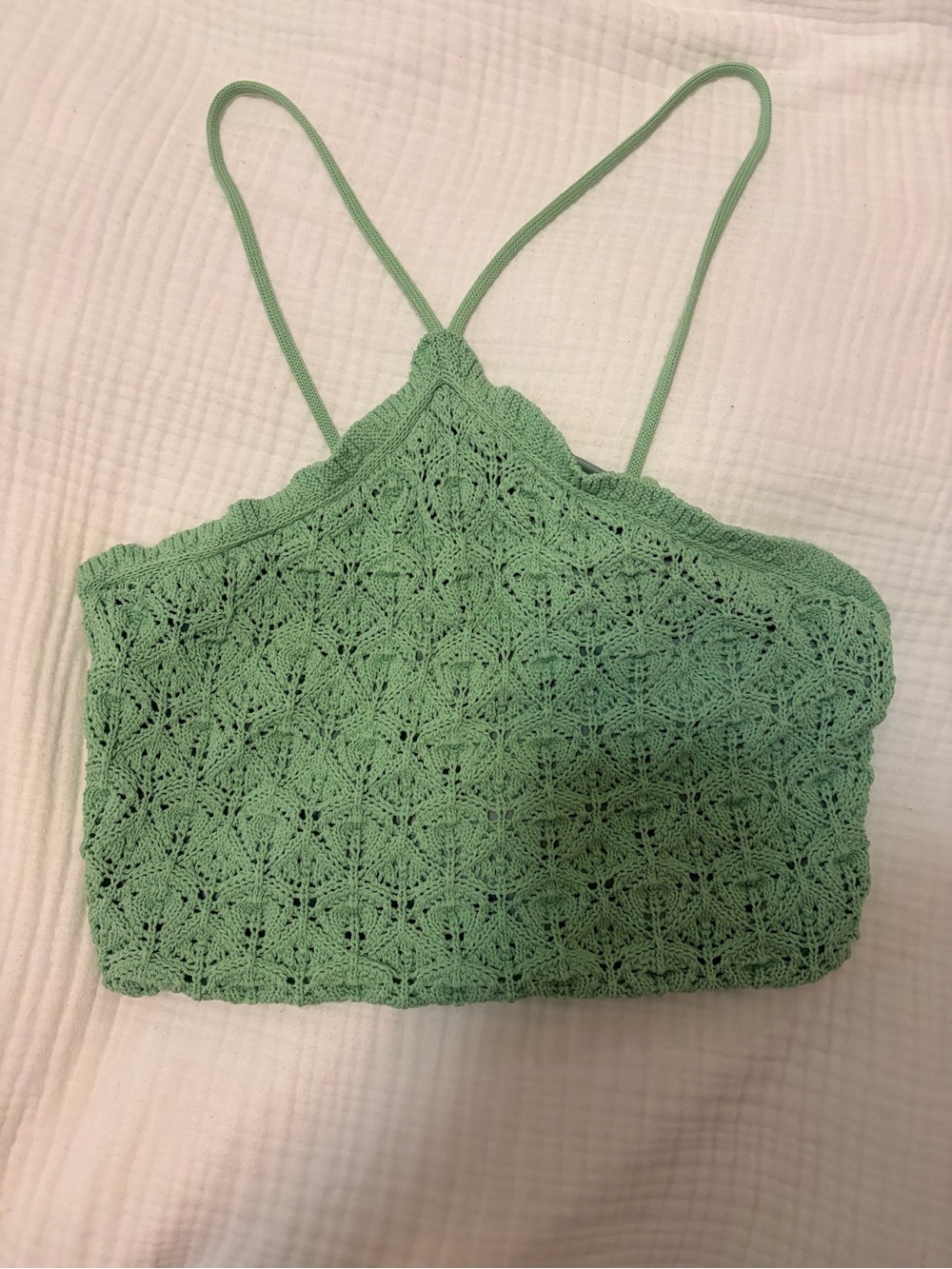 Crochet Knit Spaghetti-Strap Crop Top in Sage Green